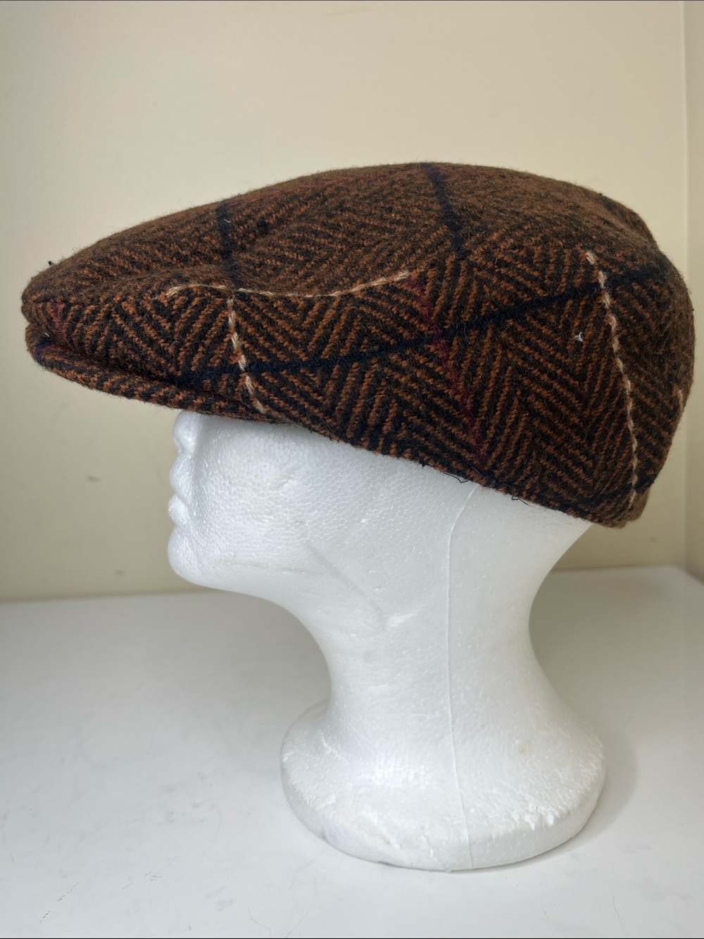 KB Ethos Brown Herringbone Flat Cap/Newsboy hat with Windowpane Check